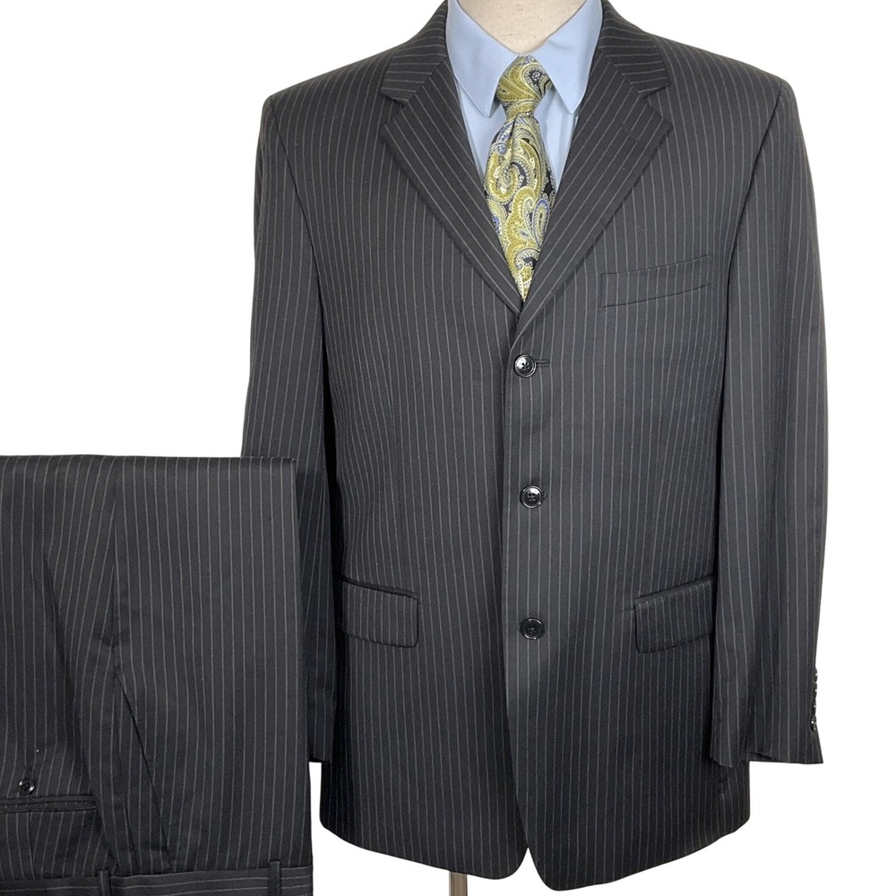 JNY Jones New York Suit Men 42R 34W 28L‎  Black Pinstripe Office Classic FLAWS
